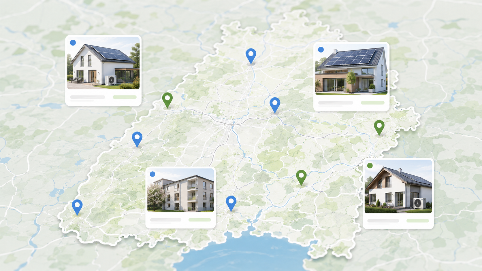 Moderne Kartenansicht mit regionalen Standorten und energieeffizienten Häusern für regionale Energieberater in Baden-Württemberg
